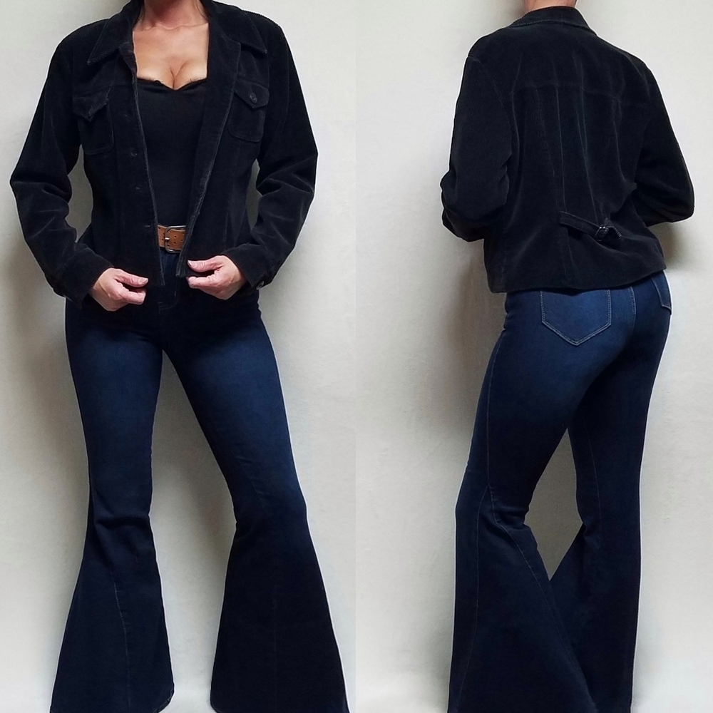 90s Vintage Punk American Eagle Outfitters Black Belted Corduroy Trucker Jacket